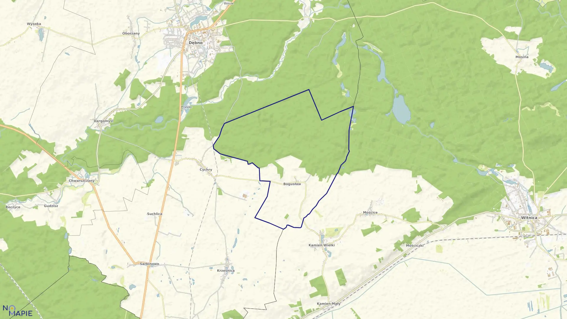 Mapa obrębu Bogusław w gminie Dębno