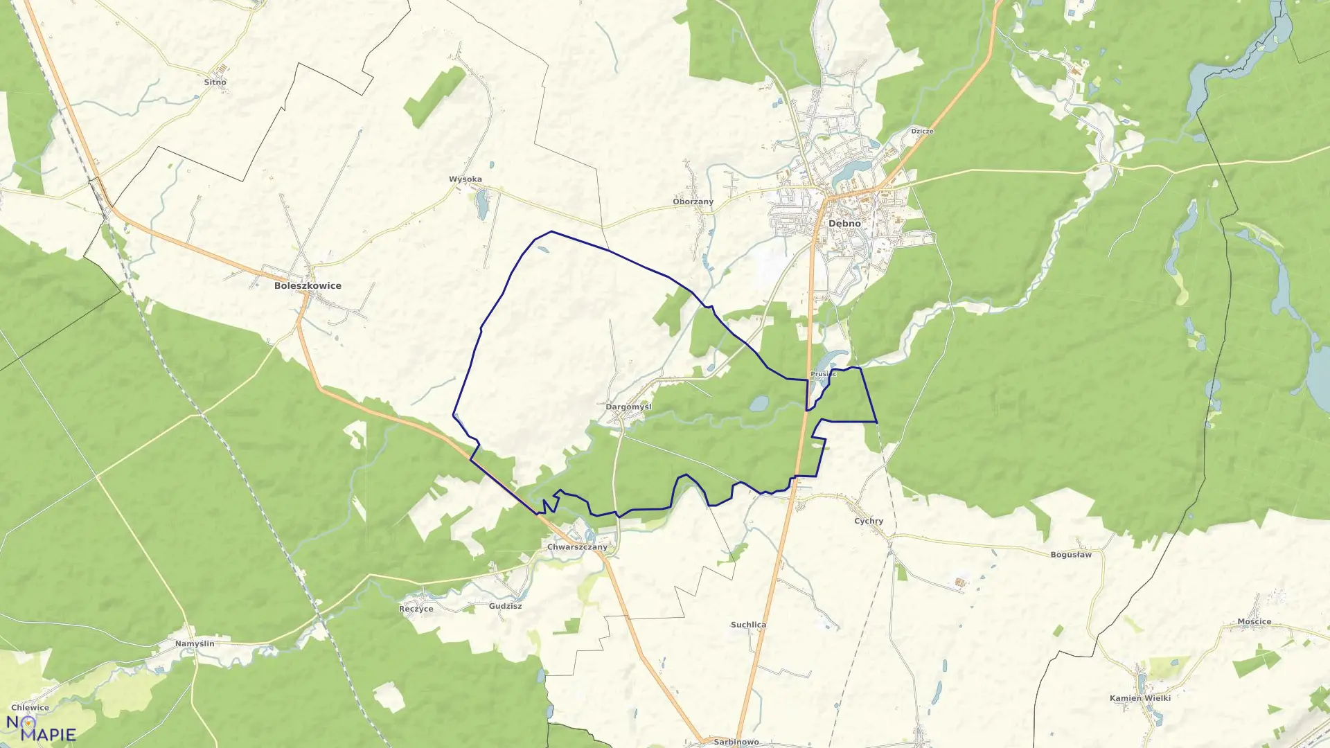 Mapa obrębu Dargomyśl w gminie Dębno