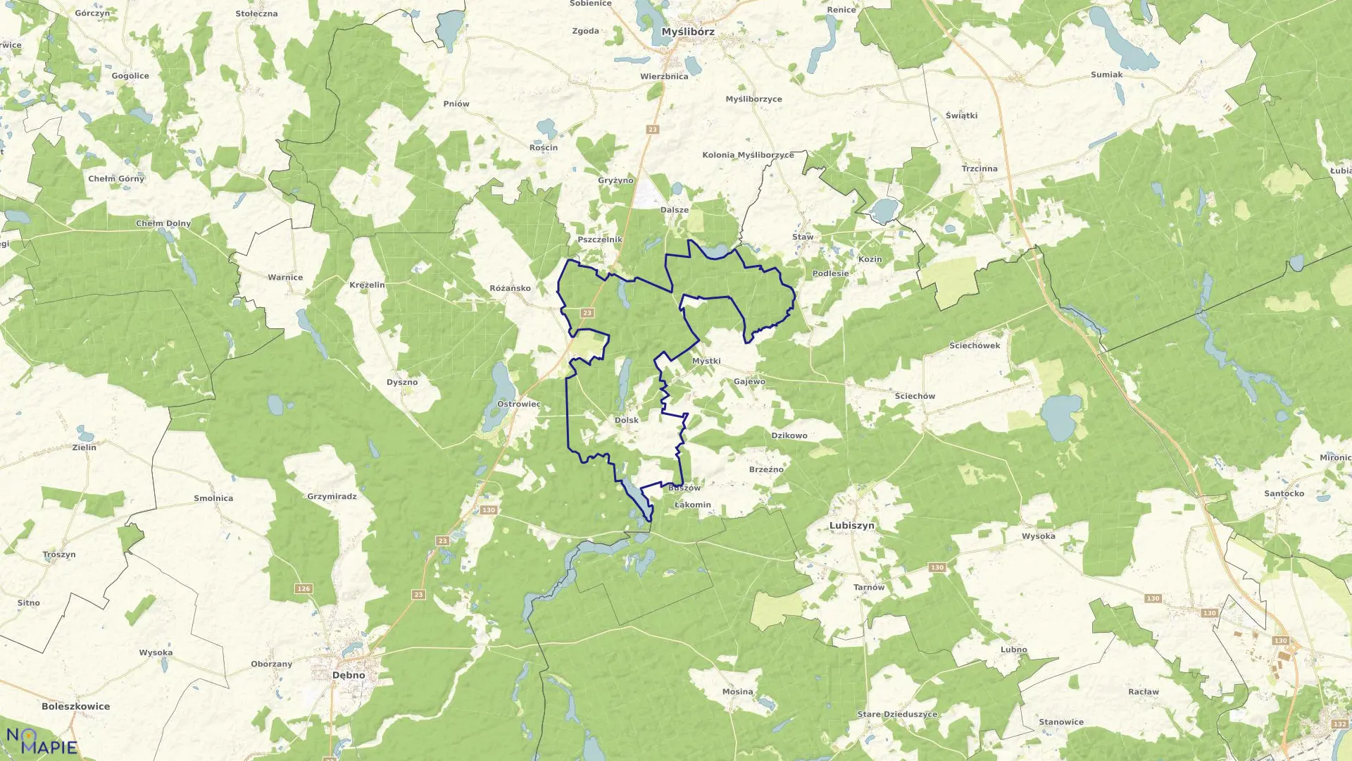 Mapa obrębu Dolsk w gminie Dębno