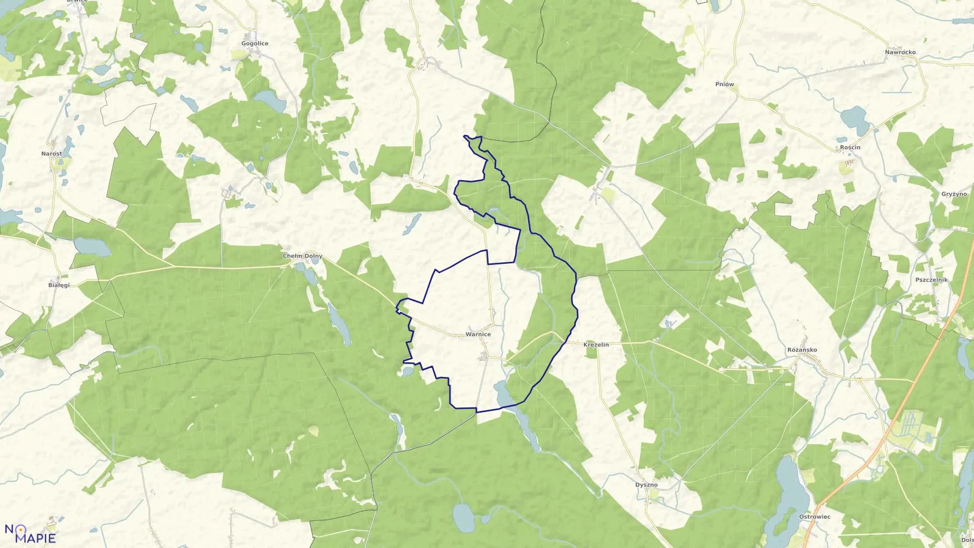 Mapa obrębu Warnice w gminie Dębno